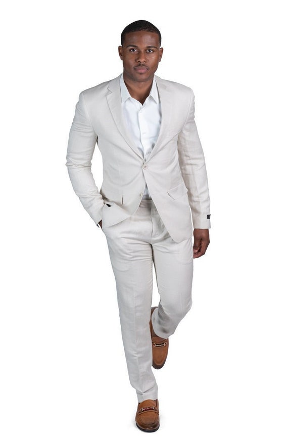 Slim Fit 2 Button Tan Linen Suit Notch Lapel Fitted AZAR MAN 