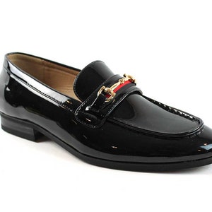 Men's Patent Black Tuxedo Slip On Gold Buckle Dress Shoes Loafers Formal By AZAR