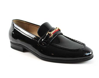 Men's Patent Black Tuxedo Slip On Gold Buckle Dress Shoes Loafers Formal By AZAR