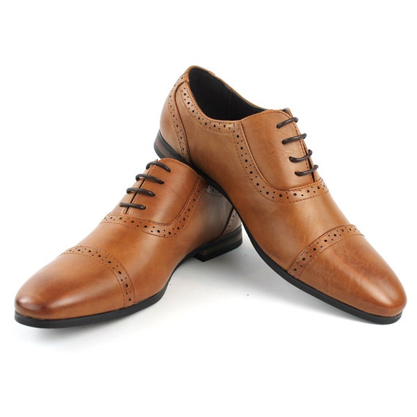 New Men's Brown Cognac Cap Toe Detailed Perforated Dress Shoes Oxfords AZARMAN
