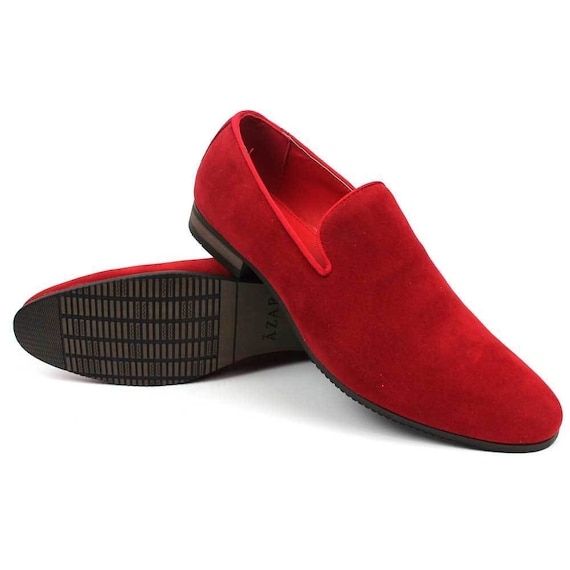 Men's Red Velvet Dress Shoes Slip On Loafers With Gold Buckle Formal AZAR  MAN 
