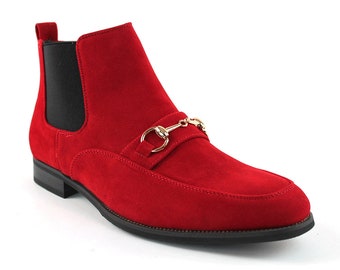 Red Suede Men's Chelsea Boots With Gold Buckle Side Zipper Closure By AZAR