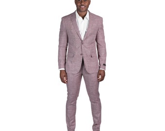 Slim Fit Mens Suit 2 Button Tweed Dusty Pink Notch Lapel Flat Front Pants AZAR MAN