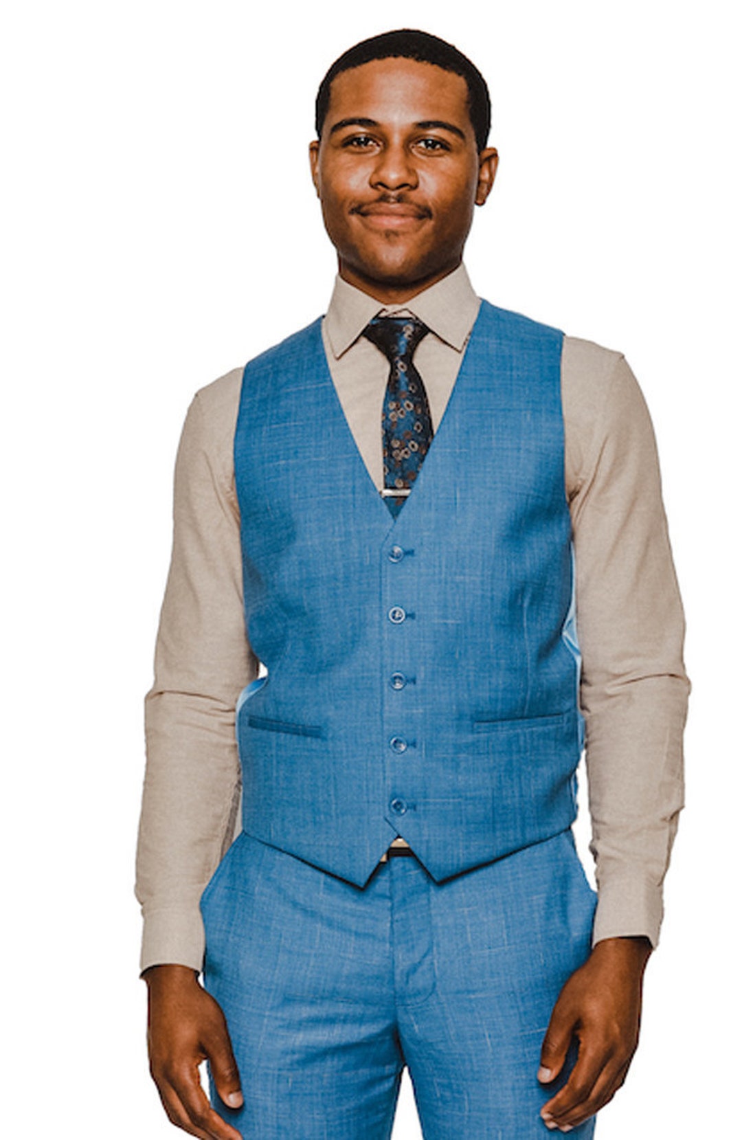 Men's Slim Fit Blue Dress Vest V Neck Collar 5 Buttons Windowpane Plaid