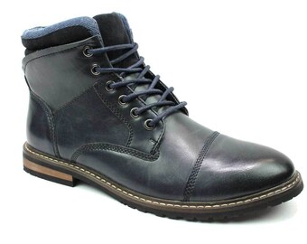 Mens Boot Navy Blue Ankle Cap Toe Derby Modern Lace Up Round Toe By AZAR MAN