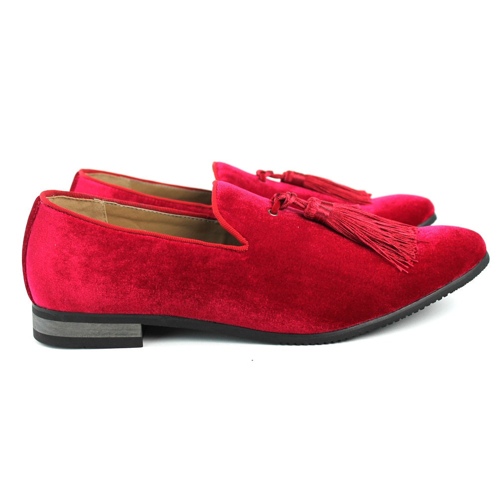 Velvet Slip on Bright Red Tuxedo Loafers Handmade Tassel - Etsy