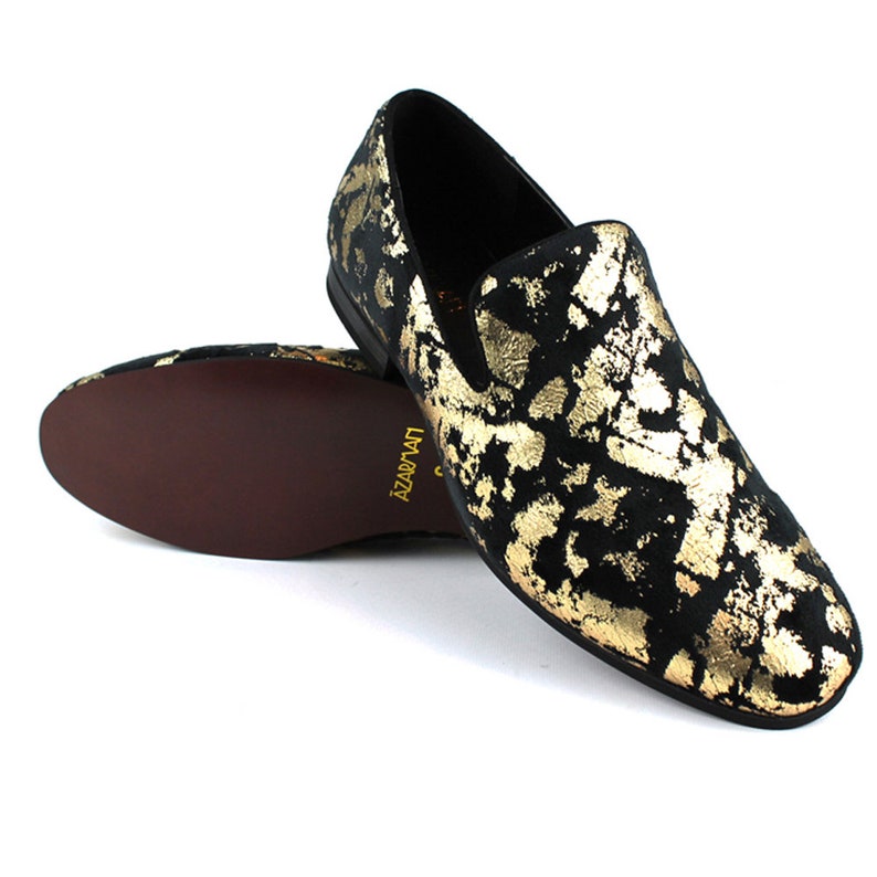 Men/'s Slip On Black Velvet Gold Leopard Print Dress Shoes Loafers LS21