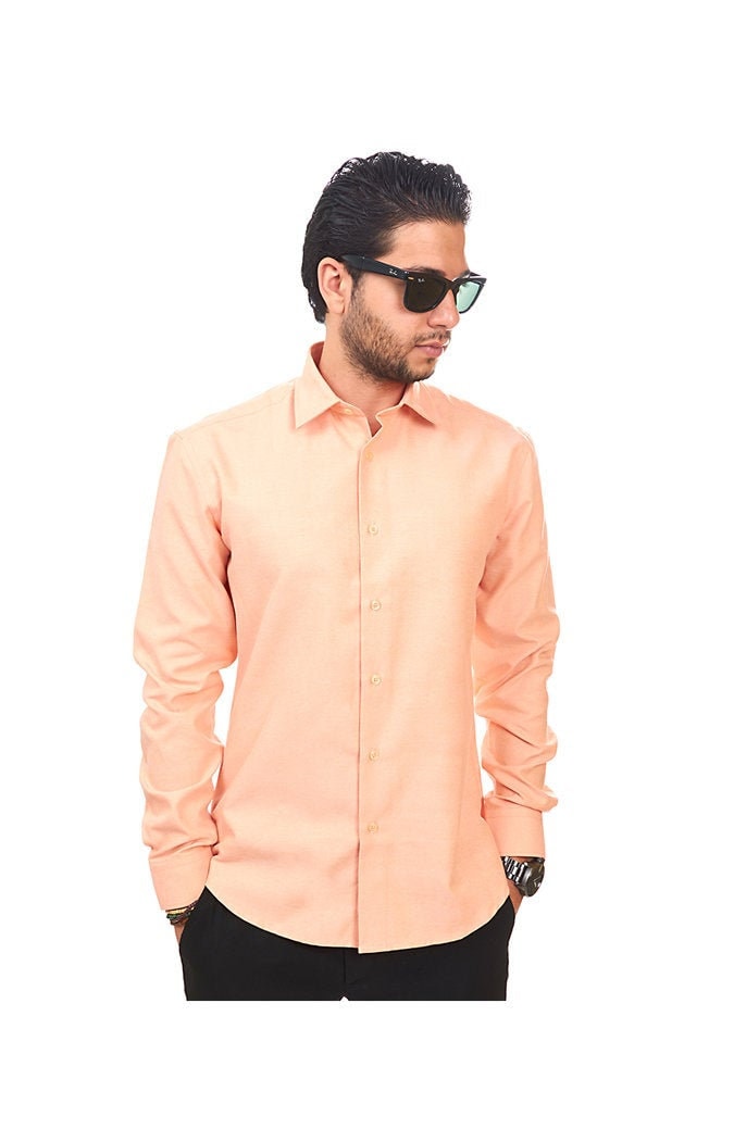 Slim Fit Solid Peach Orange Convertible Cuff Spread Collar Mens Dress Shirt  Fitted ÃZARMAN 