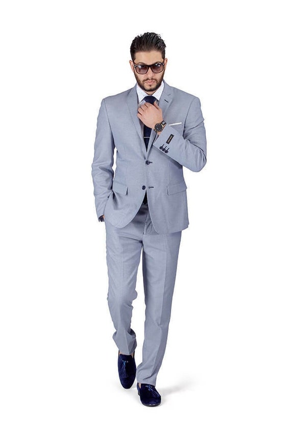 Slim Fit Men Suit 2 Button Stone Silver Grey Micro Textured Notch Lapel  Flat Front Pants 11812 AZAR MAN 