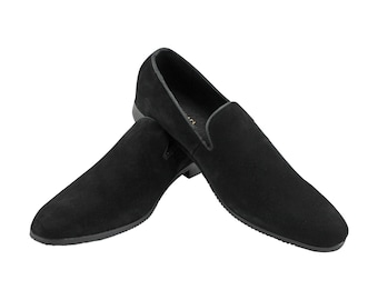 Genuine Real Suede Mens Plain Black Dress Shoes Slip On Loafer By AZAR MAN