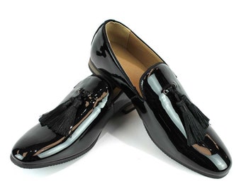 Slip On Patent Black Tuxedo Loafers Handmade Tassel Modern Formal Mens Dress Shoes By AZAR