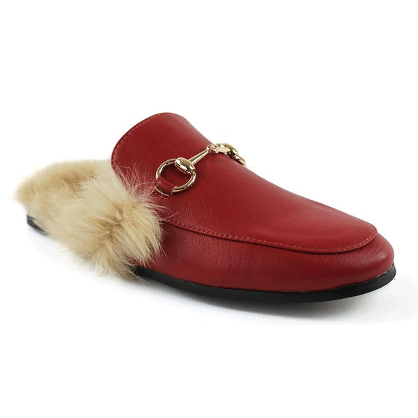 Mens Red Backless Slip On Real Leather Fur Gold Buckle Loafers Shoes AZAR