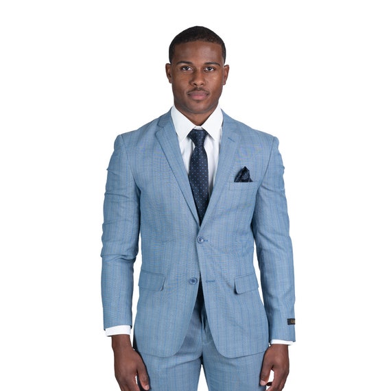 Slim Fit 2 Button Men Solid Slate Blue Suit Notch Lapel Flat Front AZAR  10036