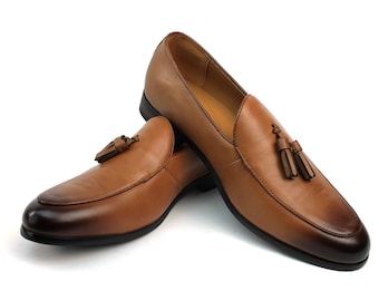 Genuine Leather Cognac Brown Slip On Men's Dress Shoes With Tassels AZAR MAN