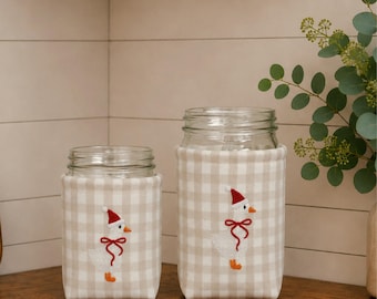 Santa Hat Goose Jar Cozie | Embroidered Gingham Ice Coffee Drink Holder (16oz or 32oz)