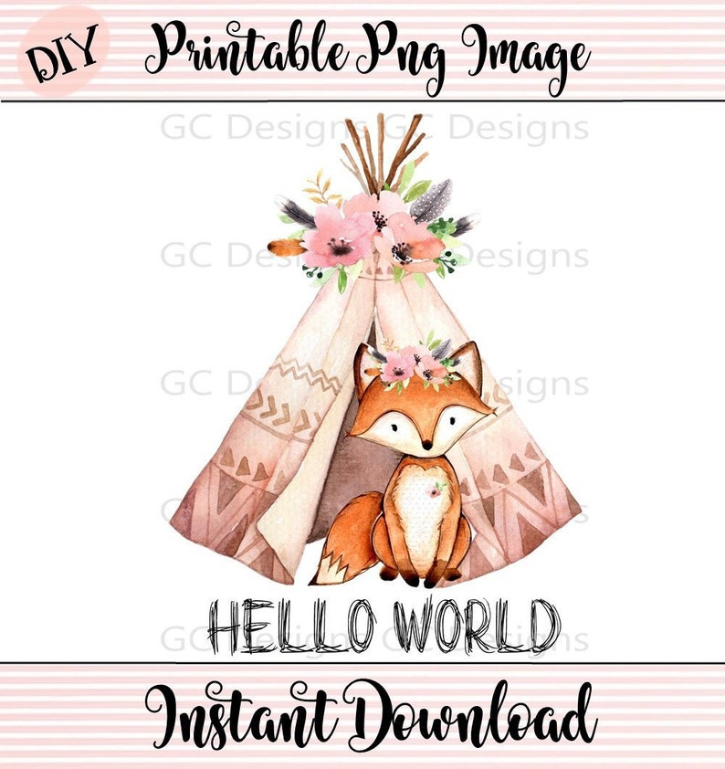 Girls Hello World Fox PNG Image download;Welcome baby heat transfer image;Hello World Printable;Fox Heat Transfer Image;Instant Download