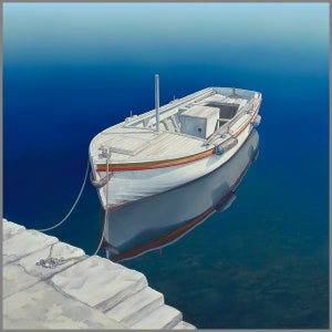 Barco a remo de pesca ancorado no calmo mar azul perto do cais de pedra, impressão em tela original 30" x 30"