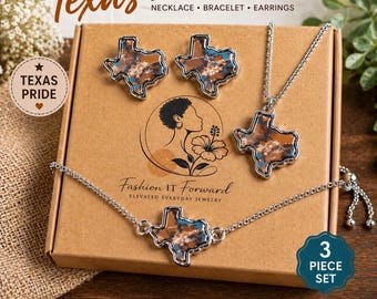 Texas Marbled Resin Southwestern Jewelry Set, Necklace Bracelet Earrings, Silver Tone