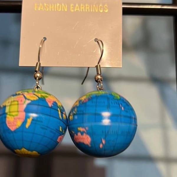New Old Stock Vintage Earth Map Globe Ball Dangle Earrings / Gift Idea