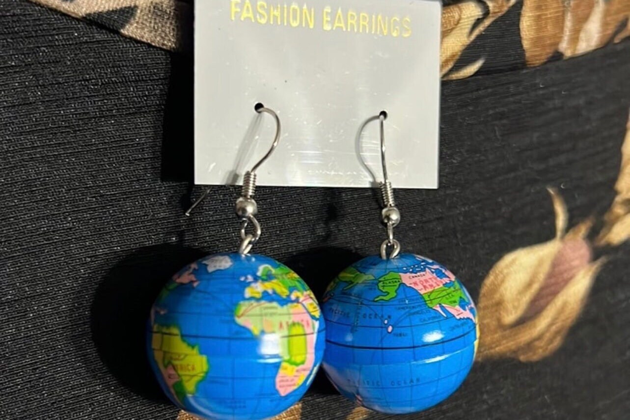 New Old Stock Vintage Earth Map Globe Ball Dangle Earrings / Gift Idea ...