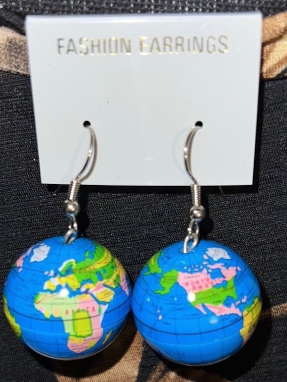 New Old Stock Vintage Earth Map Globe Ball Dangle Ear… - Gem