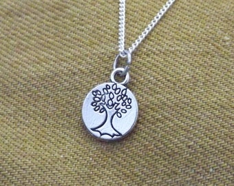 May include: A silver necklace with a round pendant featuring a tree of life design.