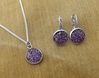 Purple Meteorite Resin Crystal Necklace & Drop Earrings - Jewellery Set - Gift - Creatures of Fun