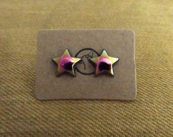 Star Shaped Stud Earrings - Black Oil Slick, Petrol Pearly Effect - Celestrial Galaxy - Creatures of Fun