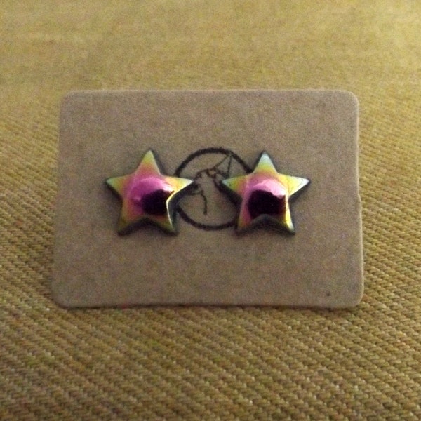 Star Shaped Stud Earrings - Black Oil Slick, Petrol Pearly Effect - Celestrial Galaxy - Creatures of Fun