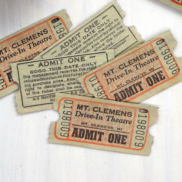 Vintage Movie Theater Admission Tickets | Drive-In Ephemera | Retro Admit One Tickets | Junk Journaling, Scrapbook Supplies, Mixed Media