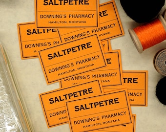 Vintage Gummed Saltpetre Labels - Set of 8 | Halloween Labels | Pharmacy Labels | Decor, Mixed Media, Junk Journal Supply, Scrapbook