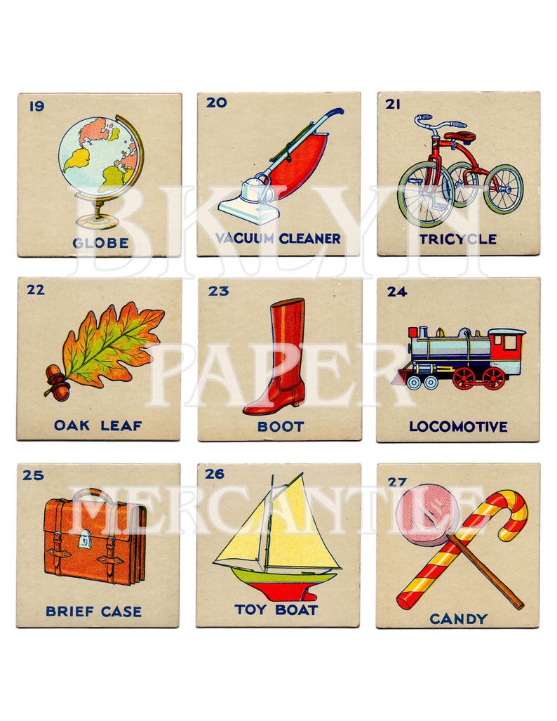 Puede incluir: Un conjunto de tarjetas did&aacute;cticas de estilo vintage con ilustraciones de varios objetos. Las tarjetas incluyen un globo terr&aacute;queo, una aspiradora, un triciclo, una hoja de roble, una bota, una locomotora, un malet&iacute;n, un barco de juguete y un caramelo.