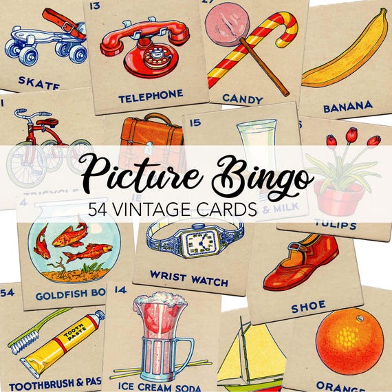 Vintage PICTURE BINGO Cards Digital Download | 54 Children Game Images | Lotto Food, Toys, School Printable | Junk Journal Instant Download