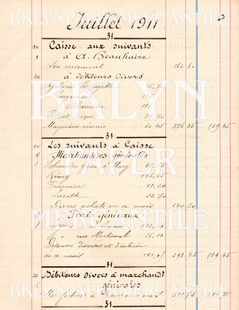 May include: A vintage ledger page from July 1911, featuring handwritten French text and numerical entries. The document has vertical and horizontal lines, with faded ink and a watermark. The ledger details financial transactions.