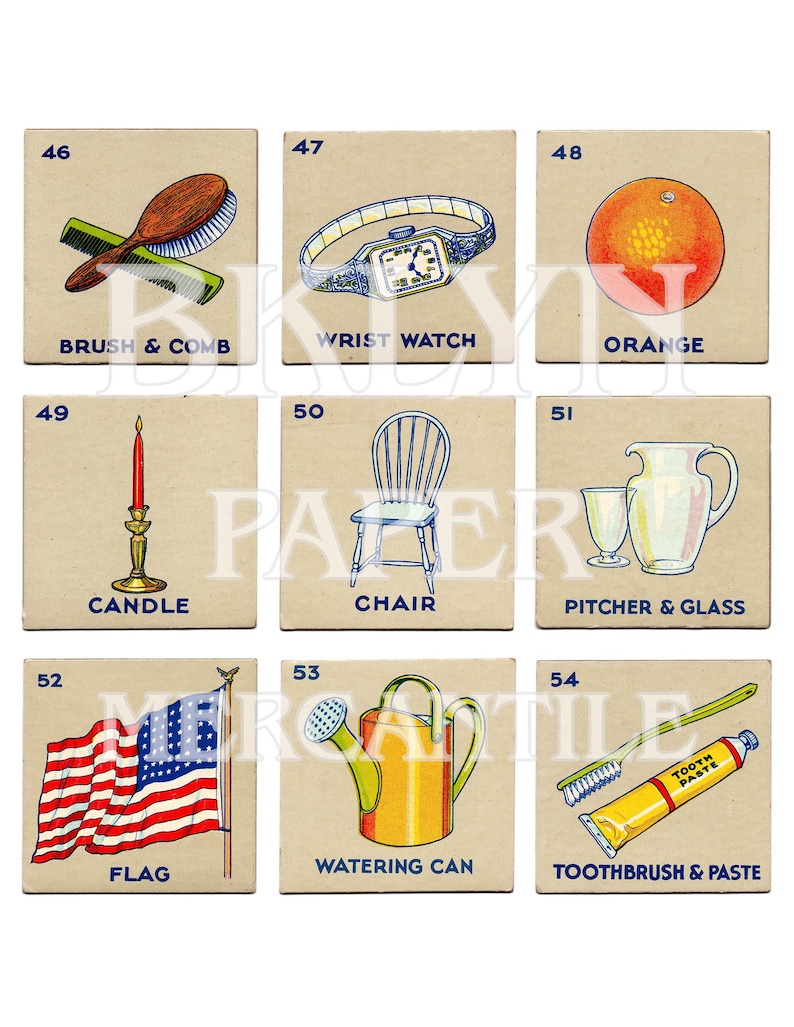 Puede incluir: Nueve ilustraciones de estilo vintage sobre cuadrados beige. Los art&iacute;culos incluyen un cepillo y peine, un reloj de pulsera, una naranja, una vela, una silla, una jarra y un vaso, una bandera, una regadera y un cepillo de dientes con pasta dental. Cada art&iacute;culo tiene una etiqueta descriptiva.