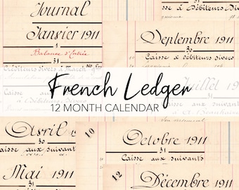 Libro mayor francés antiguo, descarga digital / Calendario de 1911 / Caligrafía manuscrita imprimible / Diario basura, descarga instantánea