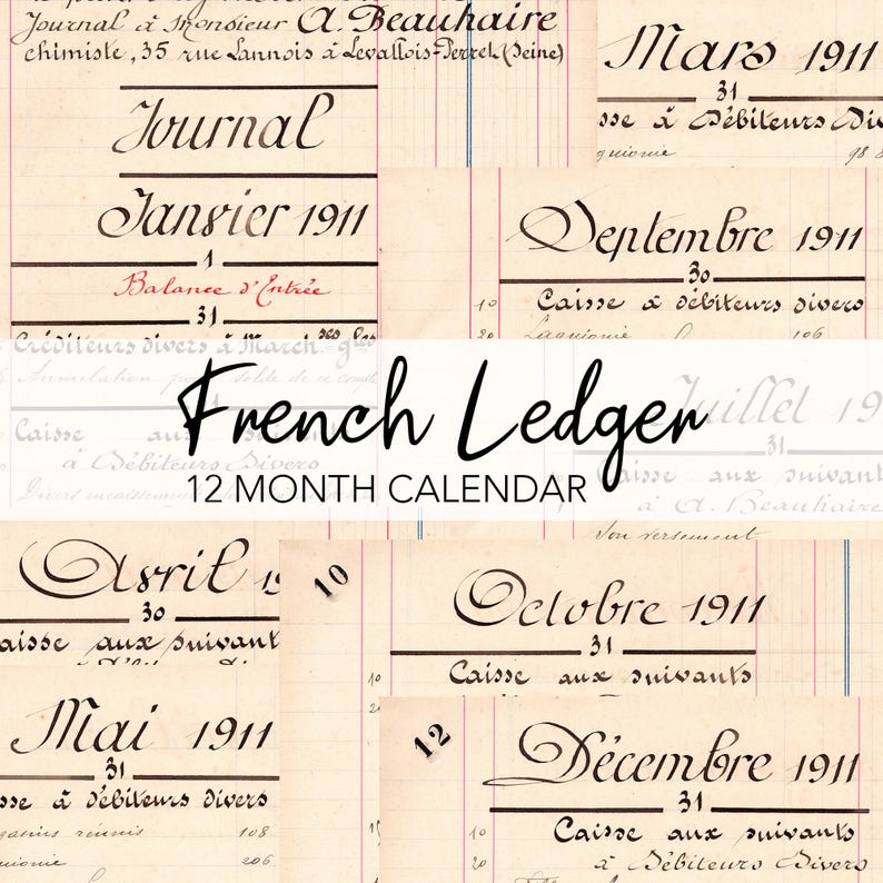 Antique FRENCH LEDGER Digital Download | Calendar Pages from 1911 | Script Handwriting Calligraphy Printable | Junk Journal Instant Download image 1