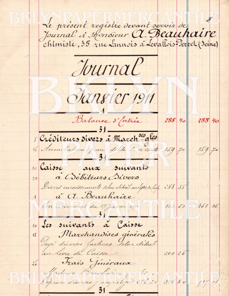 May include: Antique ledger page from January 1911, featuring handwritten French text and financial entries. The document has a vintage aesthetic with faded ink and vertical red and blue lines, evoking a sense of history.