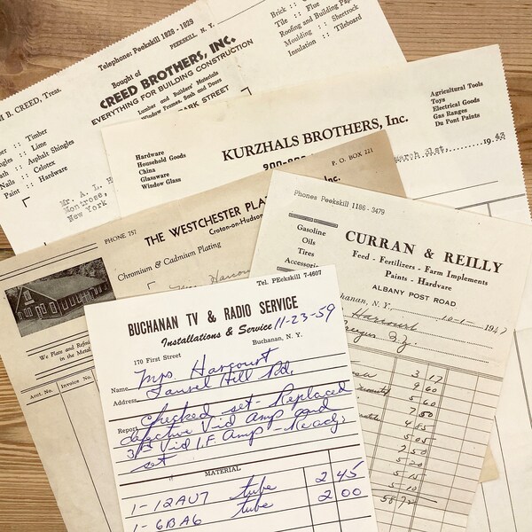 Vintage Paper Ephemera Pack of 5 | Home Repair Invoices 1940s-1950s | Paper for Junk Journal, Mixed Media, Scrapbook Supplies