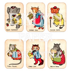 Vintage dierenspelkaarten | Digitale kortstondige kit | Europese olifant kat muis koe varken afdrukbaar | Junkjournaal, collage, plakboek downloaden