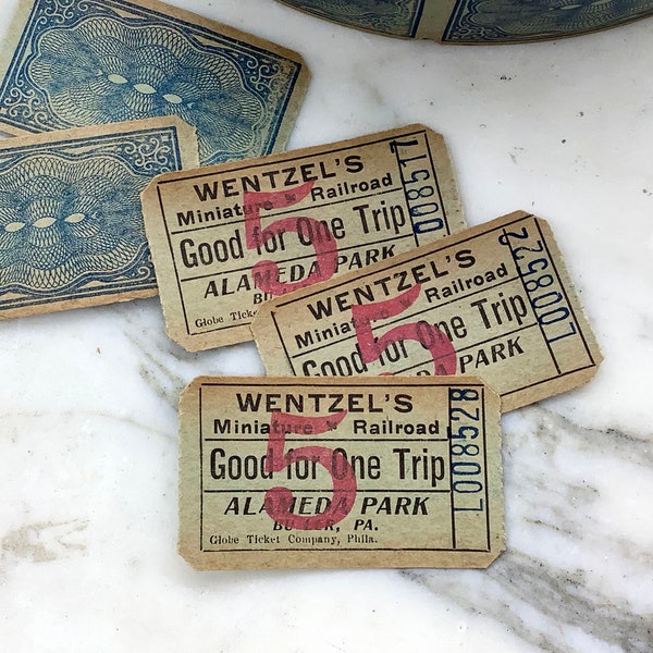 Antique Amusement Train Ride Tickets 1910s | Wentzel's Miniature Railroad Tickets | Alameda Park Collectible | Junk Journal, Scrapbooking
