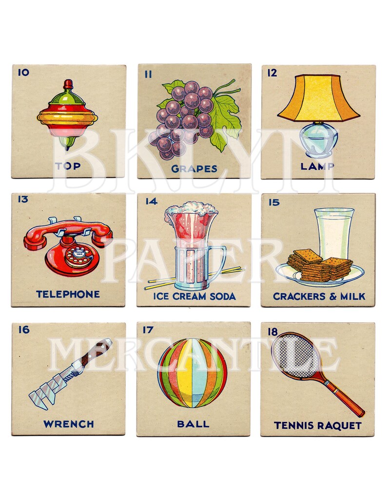 Puede incluir: Ilustraci&oacute;n de estilo vintage de nueve tarjetas cuadradas, cada una representando un objeto diferente. Incluye un trompo, uvas, una l&aacute;mpara, un tel&eacute;fono, helado de soda, galletas y leche, una llave inglesa, una pelota y una raqueta de tenis.