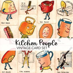 Vintage KITCHEN CHARACTERS Digital Download | 12 Playing Cards Images | Anthropomorphic Teapot Spoon Printable | Scrapbook Instant Download