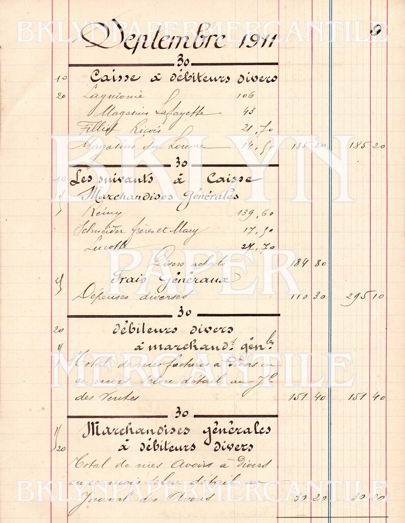 May include: A vintage ledger page from September 1911, featuring handwritten French text and numerical entries. The document is aged, with visible ink and paper discoloration, and includes headings like "Caisse" and "Marchandises G&eacute;n&eacute;rales."