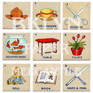Puede incluir: Nueve ilustraciones cuadradas de estilo vintage sobre un fondo beige. Las im&aacute;genes representan un sombrero, una taza y platillo, tijeras, pecera, mesa, tulipanes, mu&ntilde;eca, libro y cuchillo y tenedor. Cada imagen tiene una etiqueta descriptiva.