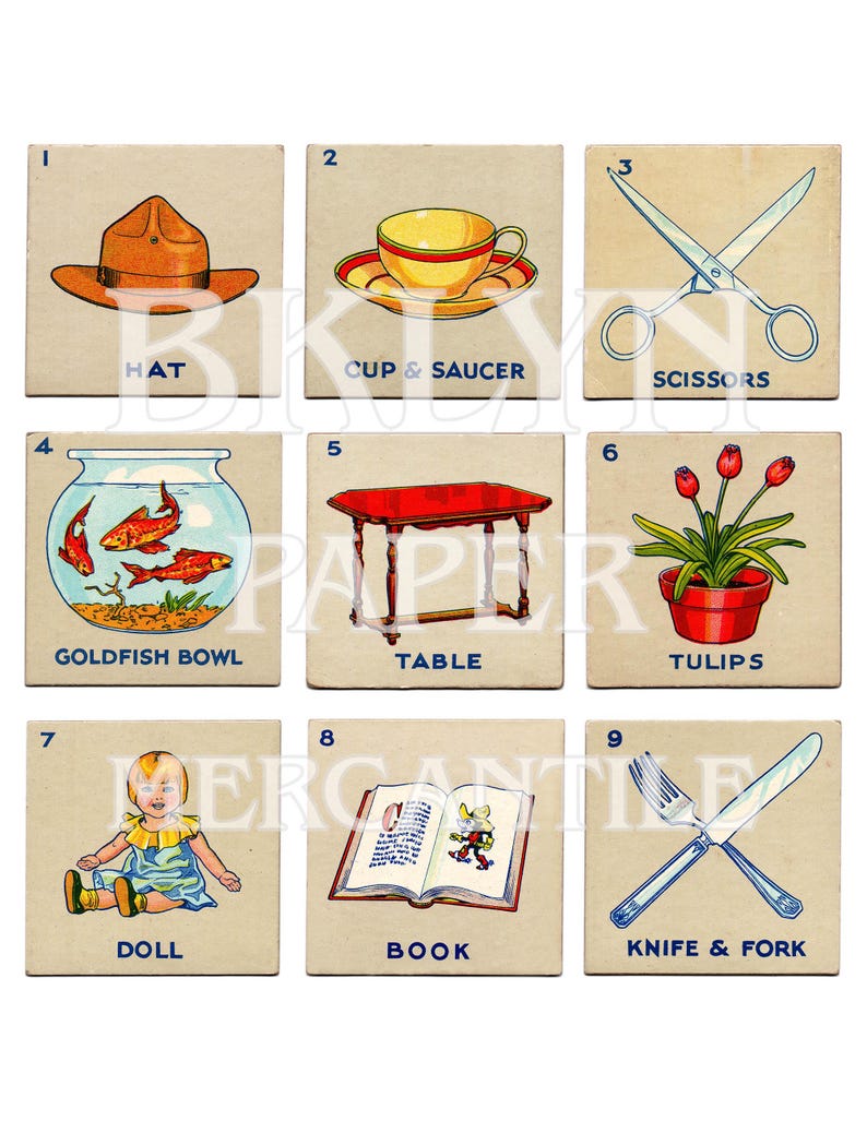 Puede incluir: Nueve ilustraciones cuadradas de estilo vintage sobre un fondo beige. Las im&aacute;genes representan un sombrero, una taza y platillo, tijeras, pecera, mesa, tulipanes, mu&ntilde;eca, libro y cuchillo y tenedor. Cada imagen tiene una etiqueta descriptiva.