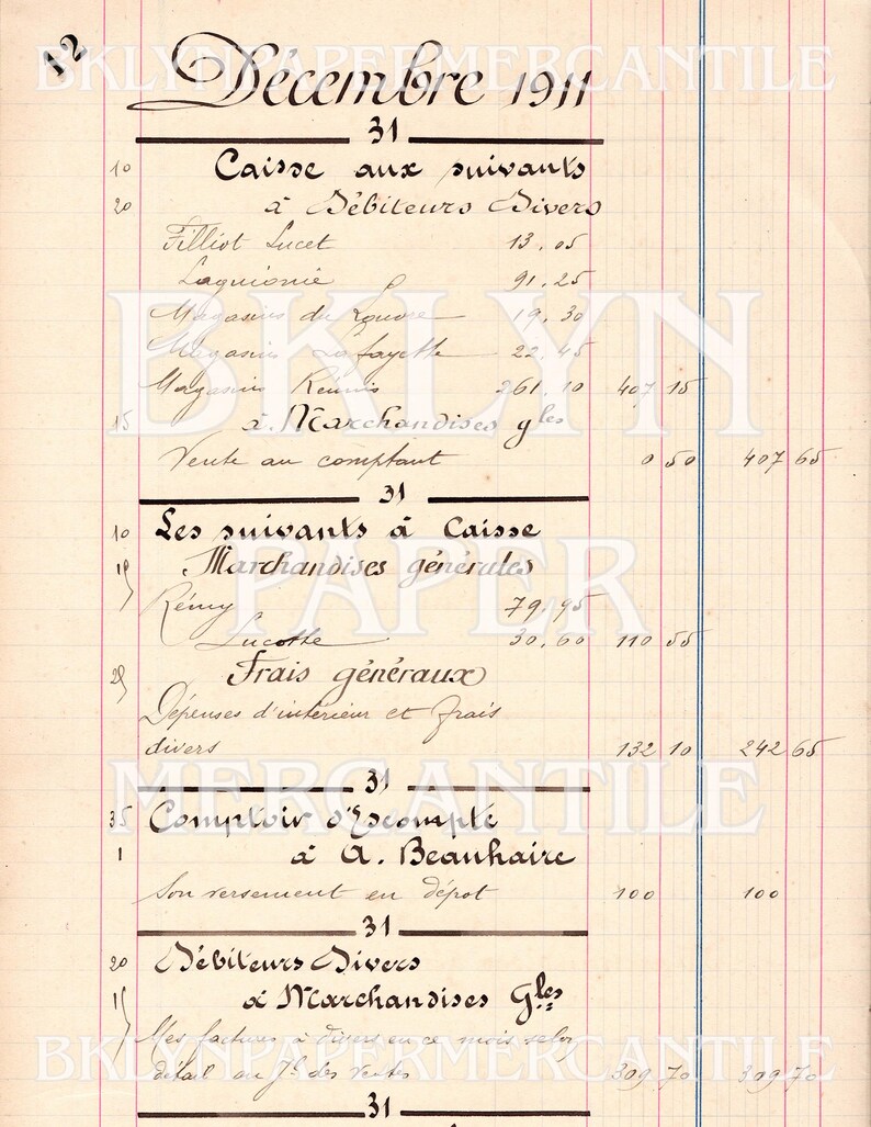 May include: A vintage ledger page from December 1911, featuring handwritten French text and financial entries. The document has a faded appearance with visible lines and columns, showcasing detailed accounting records.