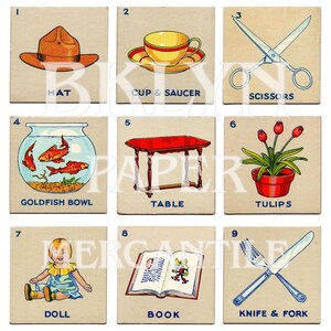 Vintage Bild Bingo Karten | Digitales Ephemera Kit | Kinder Spiel zum Ausdrucken | Lotto, Spielzeug, Schule | Sammelalbum, Junk Journal Download