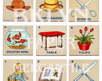 Vintage PICTURE BINGO Cards Digital Download | 54 Children Game Images | Lotto Food, Toys, School Printable | Junk Journal Instant Download