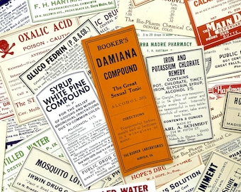 Surtido de 12 etiquetas vintage de farmacia / Etiquetas de boticario / Etiquetas médicas / Artículos para diarios creativos, álbumes de recortes, botellas, collage, decoración